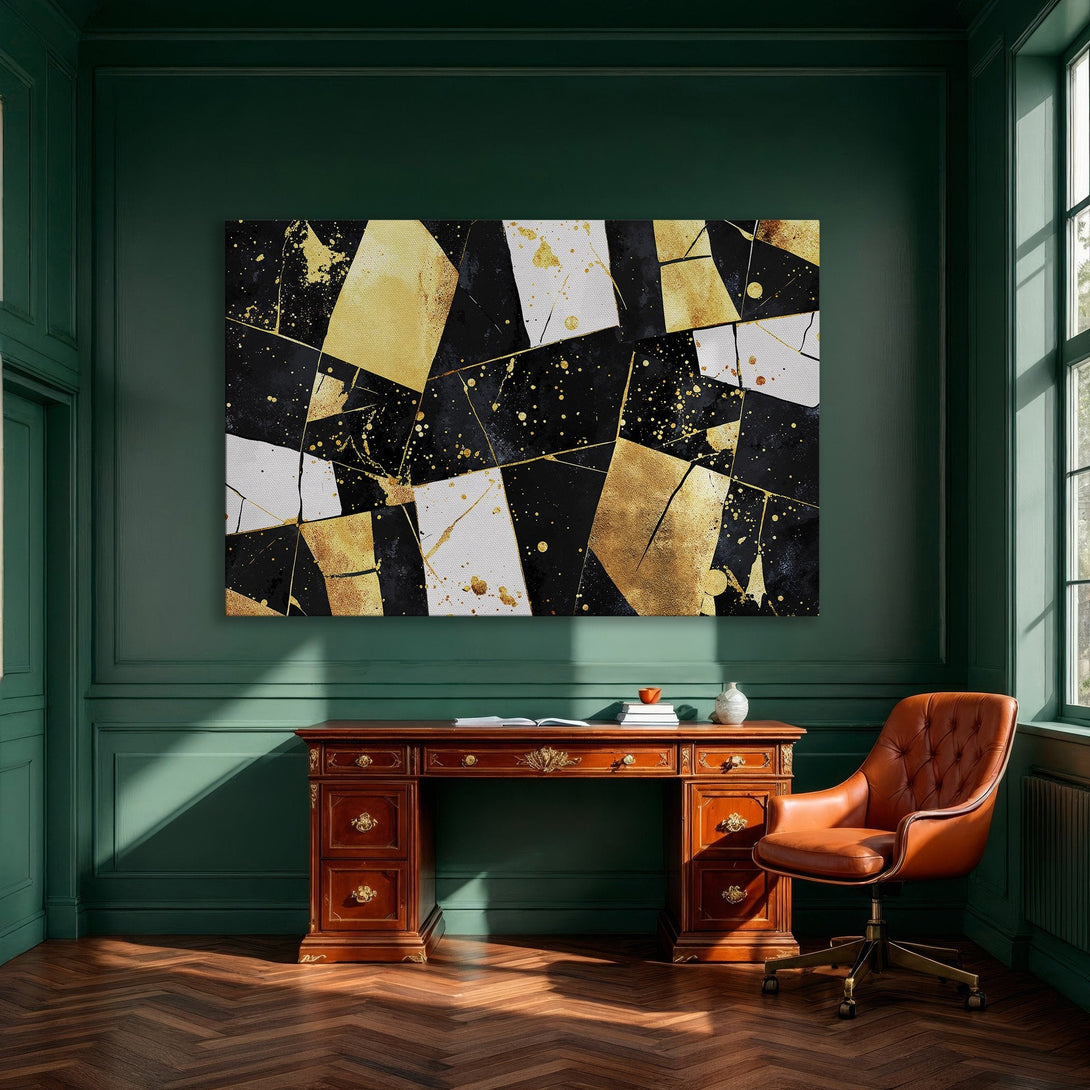 Framed Wall Art: Modern abstract art in black, white, and gold. Elevate your dining room with this stylish, geometric canvas print.