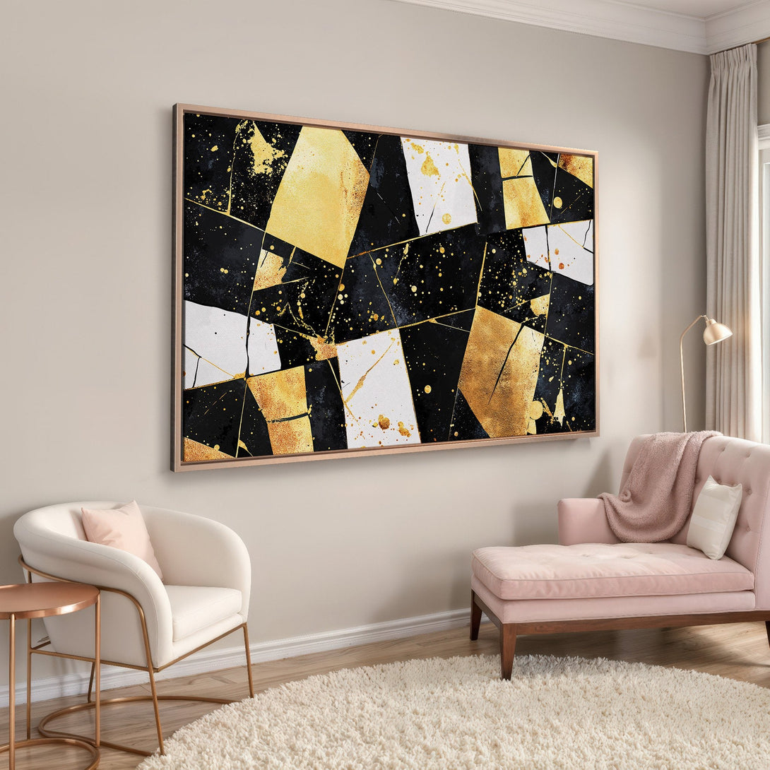 Framed Wall Art: Abstract gold, black, and white Canvas Print. Modern art piece in a stylish interior with a blush and neutral color palette.
