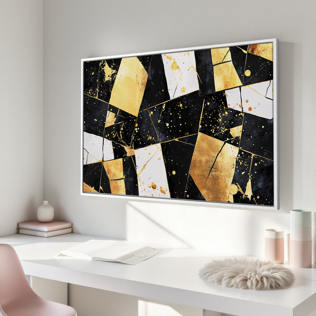 Framed Wall Art: Abstract geometric canvas print in black, gold, and white. Modern art for home decor, adding a touch of luxury and sophistication.