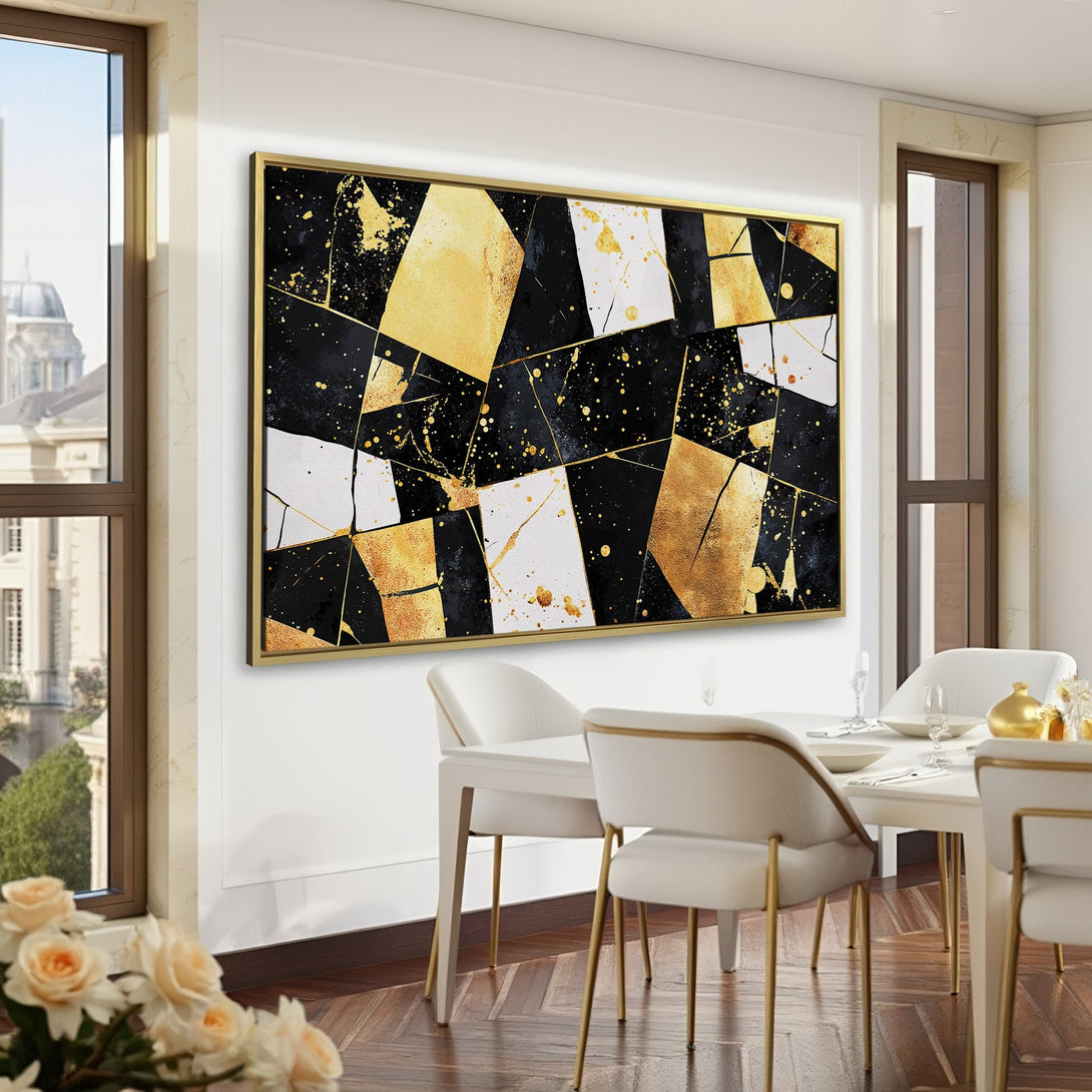Abstract Canvas Print art in gold, black, and white. Modern wall decor for a stylish home office.