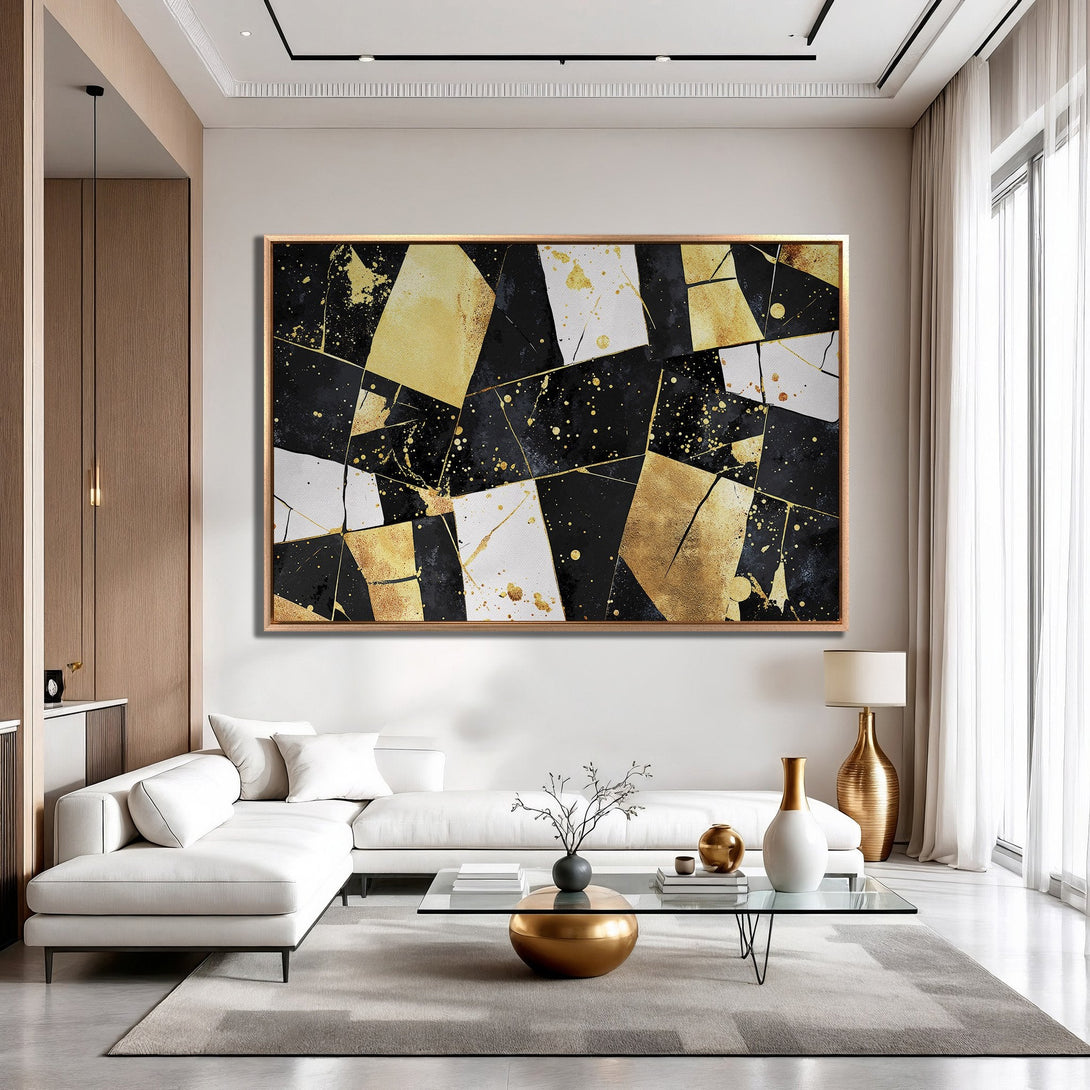 Framed Wall Art: Abstract geometric art in black, gold, and white. Modern style canvas print adds a touch of luxury to any interior.