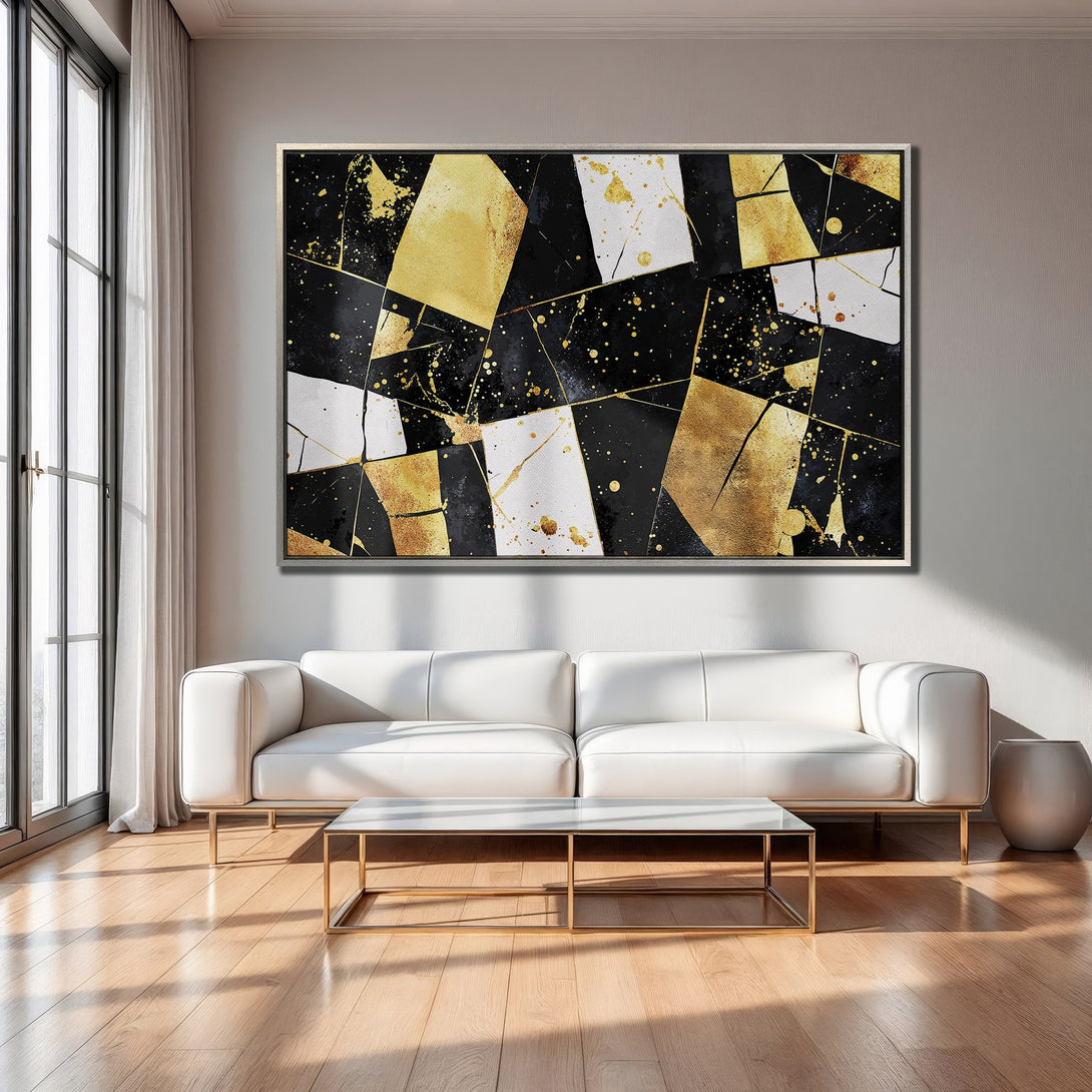 Framed Wall Art: Abstract black, white, and gold canvas print. Modern art decor for living room. Luxurious and stylish interior design.