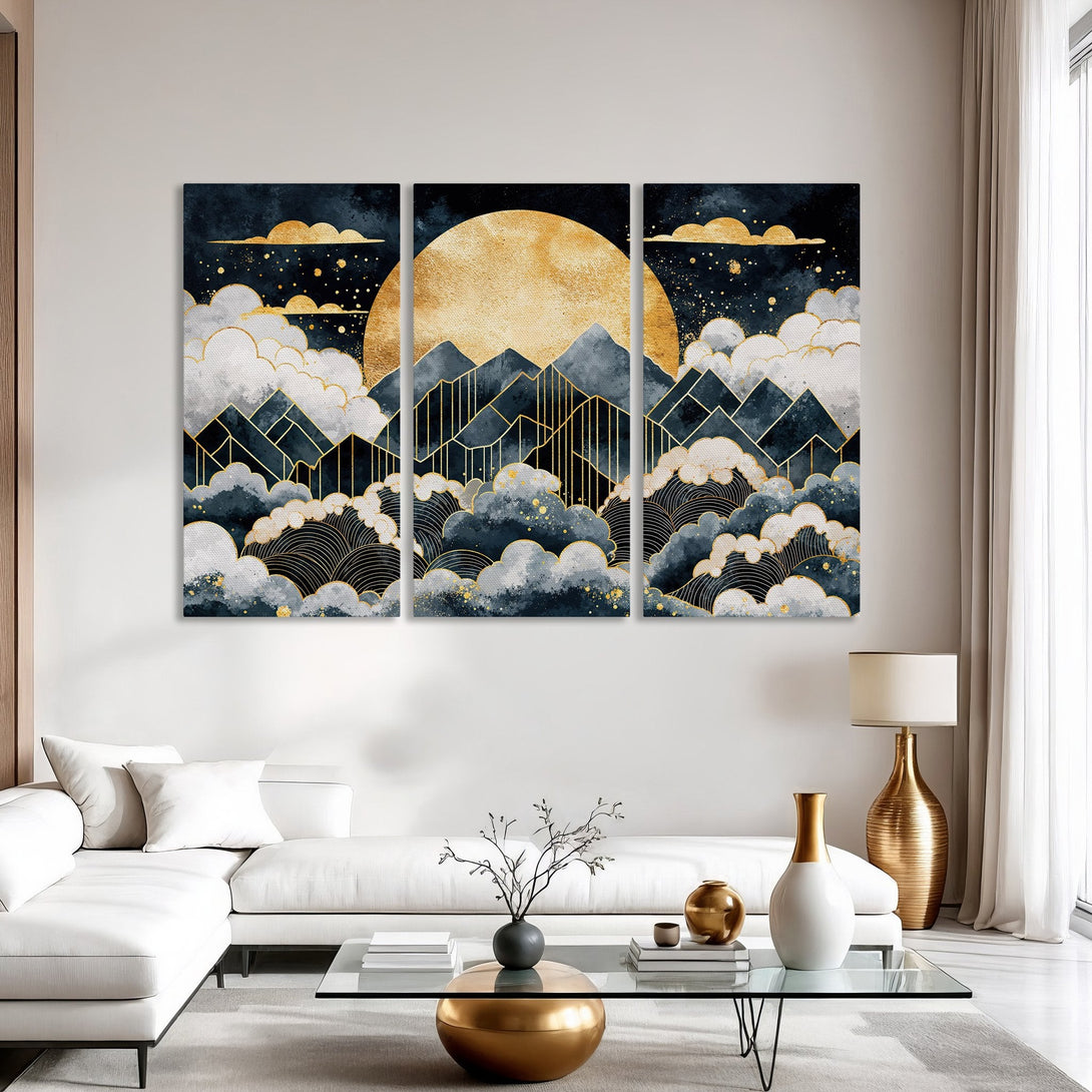 Canvas Print: Abstract mountain landscape art in navy, gold, and white. Modern style wall decor perfect for living rooms and bedrooms. Elevate your space today!