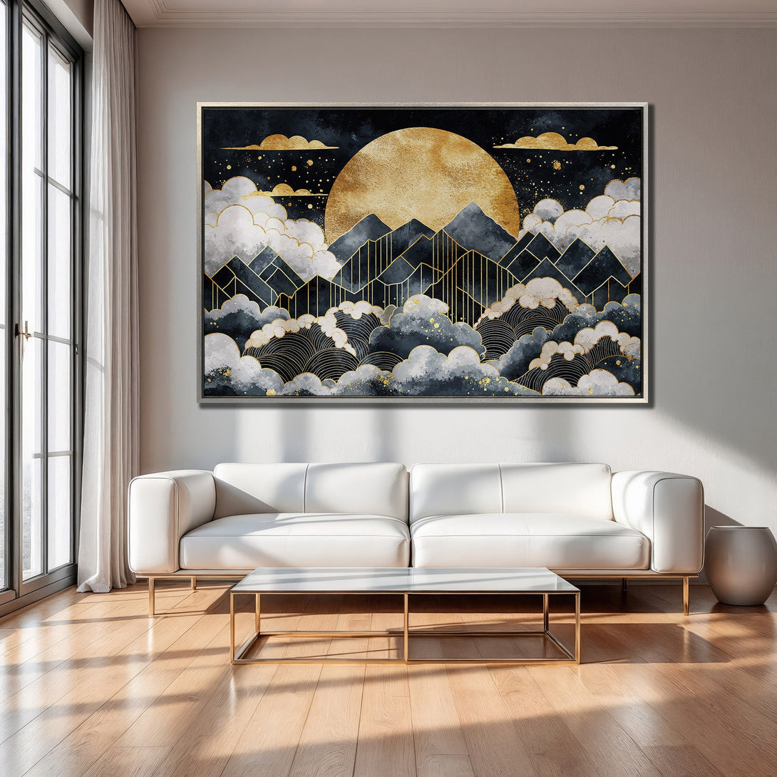 Framed Wall Art featuring a golden sun and mountains in a modern, watercolor style. Dark blue, gold, and white color palette, perfect for home decor.