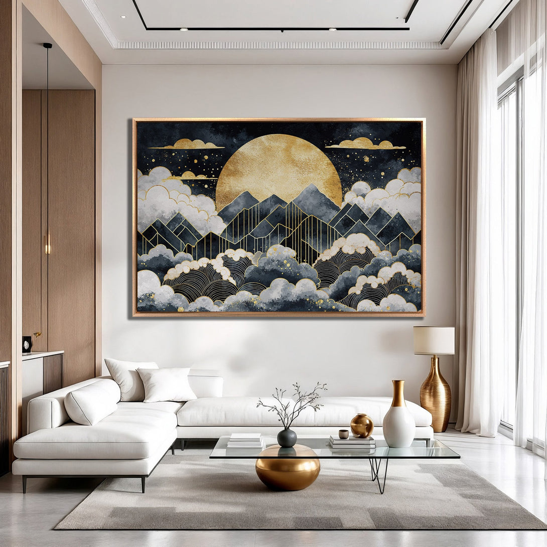 Framed Wall Art: Abstract mountain landscape Canvas Print with gold accents, navy and gold color palette, modern style, displayed in a living room.