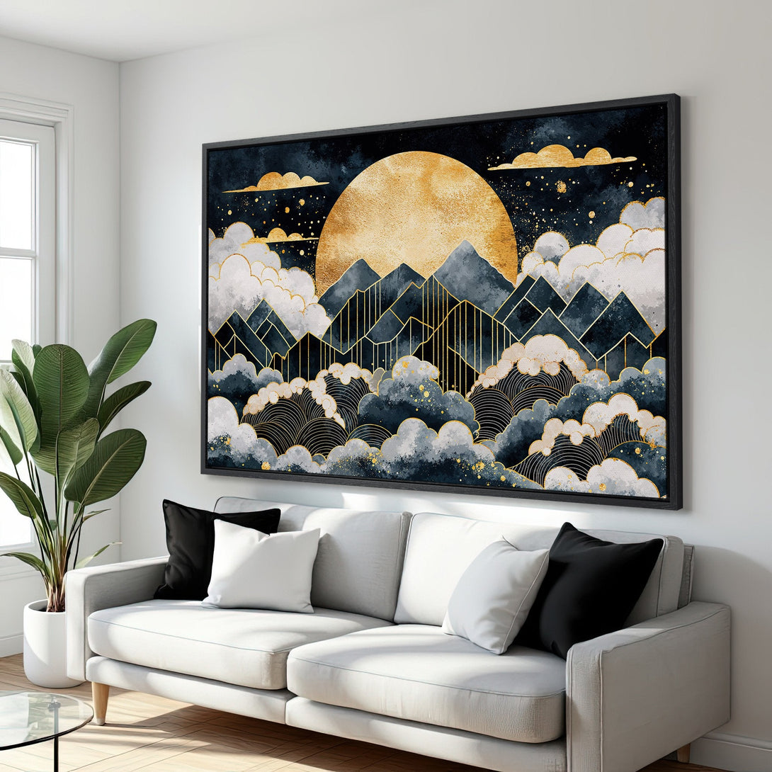 Framed Wall Art: Abstract mountain landscape in navy, gold, and white. Modern art print perfect for living room decor. Elevate your space with this stunning piece.