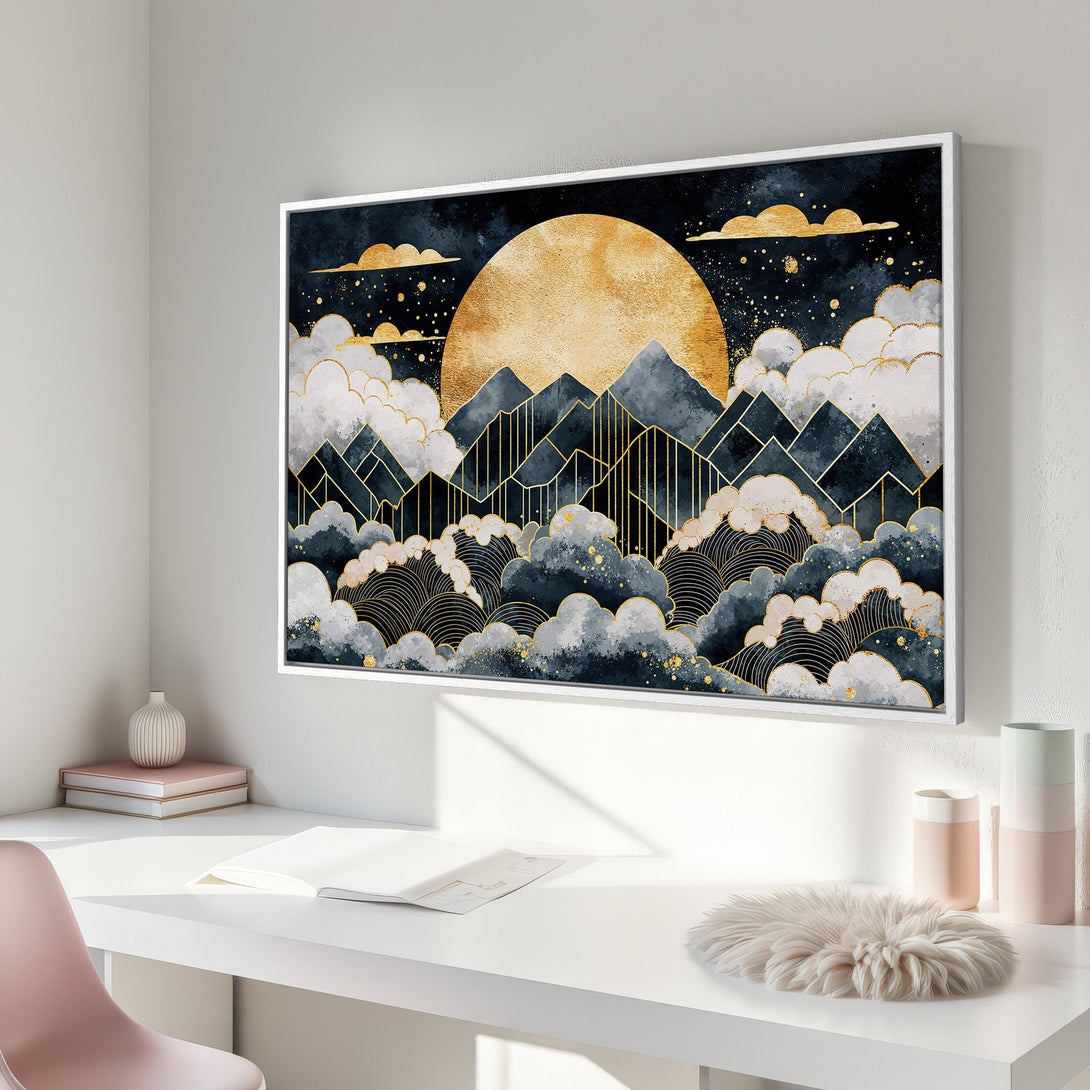 Framed Wall Art: Abstract mountain landscape in navy, gold, and white. Modern art print for home decor. Enhance your space with this stunning piece.