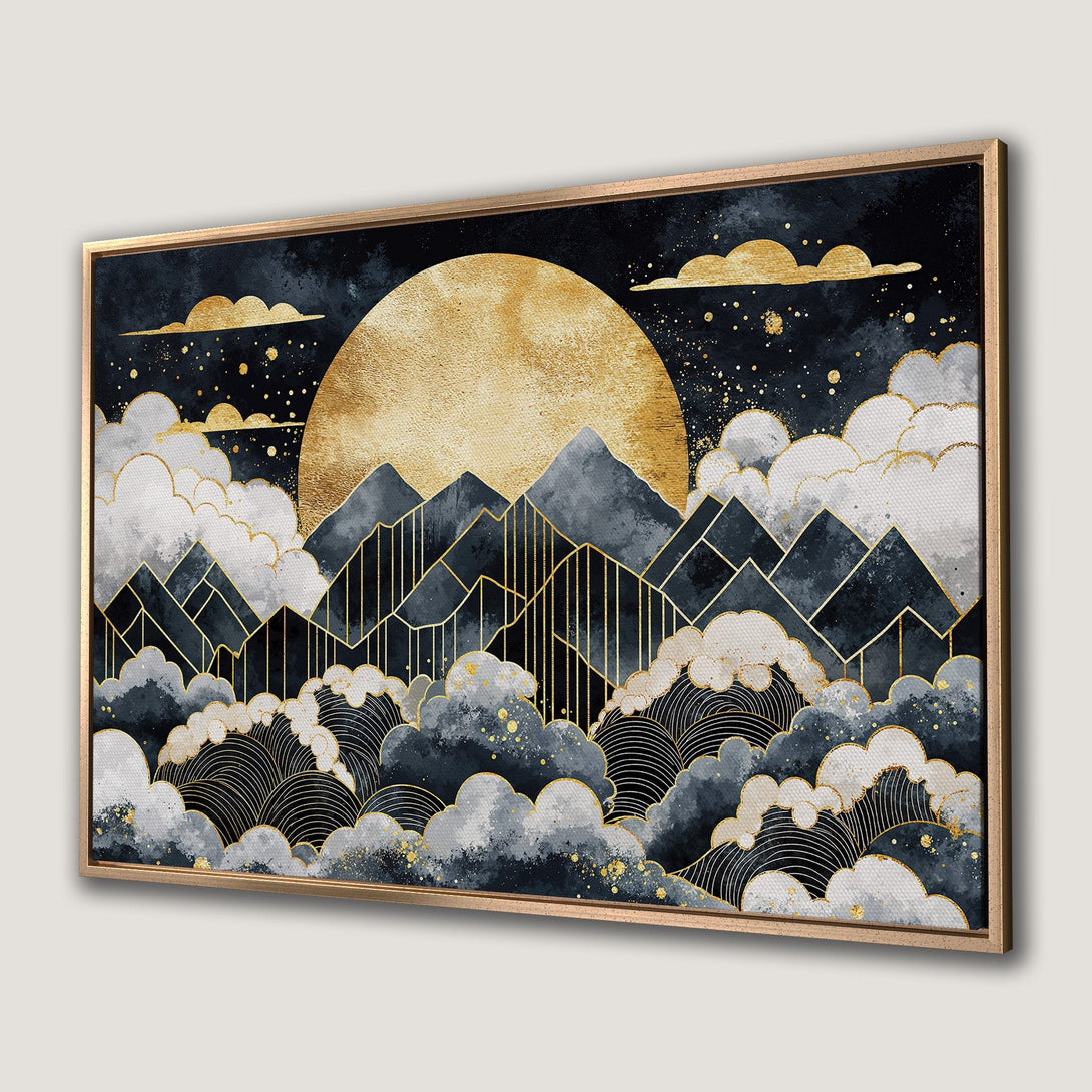 Framed Wall Art featuring a gold and navy mountain landscape. Modern, abstract style with a gold and blue color palette. Perfect for home decor.