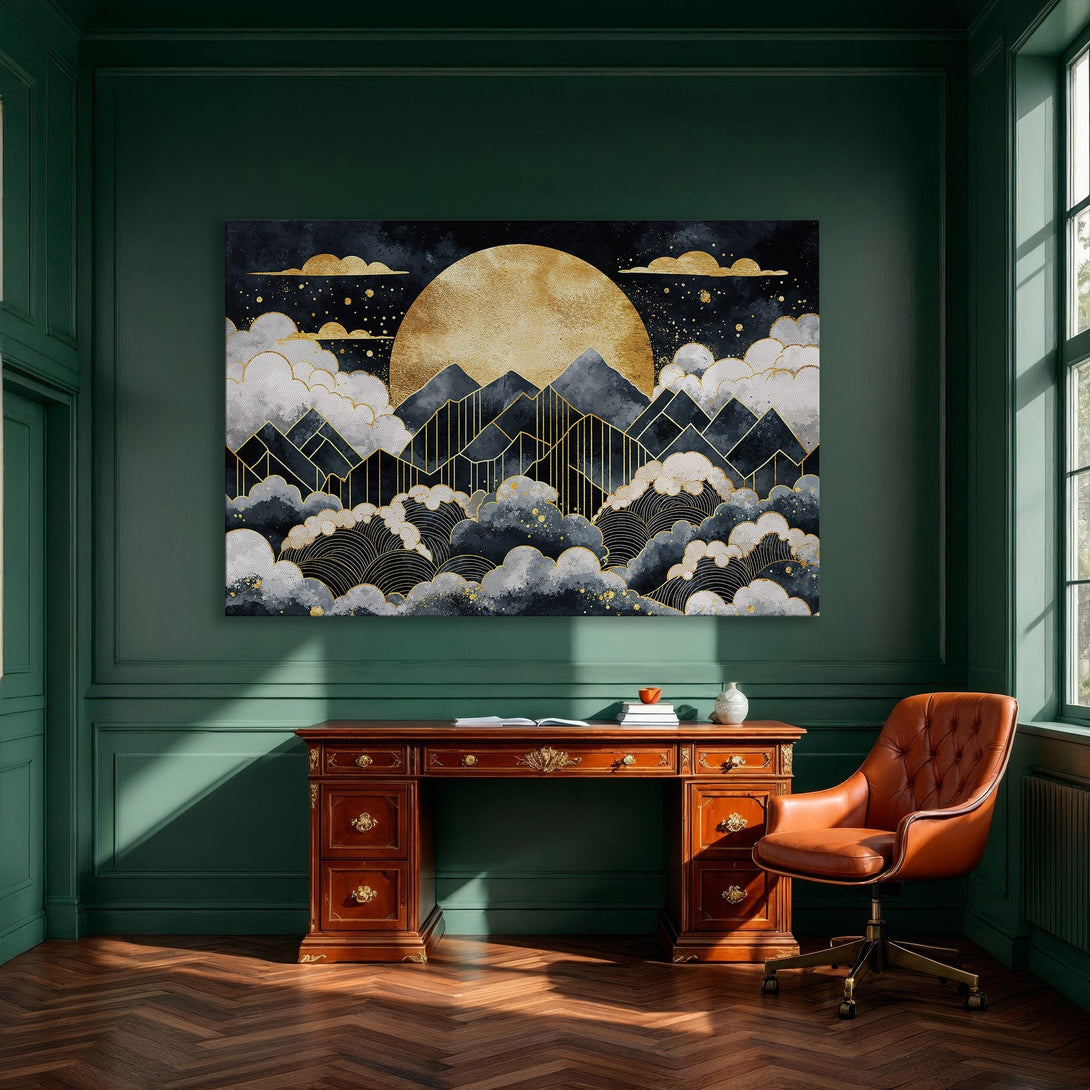 Framed Wall Art: Abstract mountain landscape canvas print in navy, gold, and white. Modern art for dining room decor.