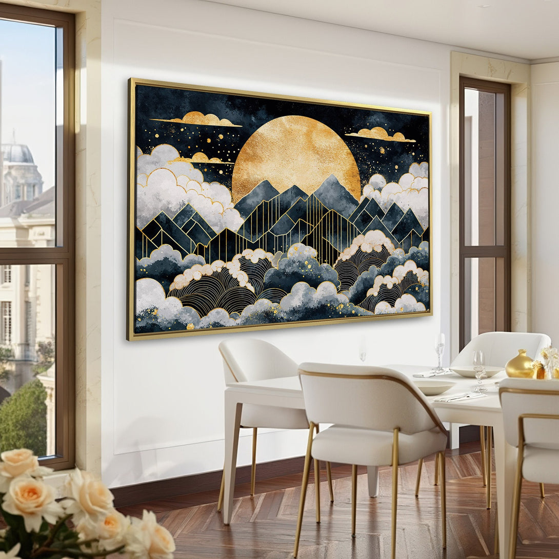 Canvas Print of a mountain landscape in a gold, black, and gray color palette. Modern wall art for home decor.