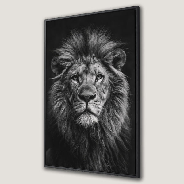 Framed Wall Art: Majestic lion portrait in striking black and white. Add a touch of wild elegance to your home with this stunning Canvas Print.