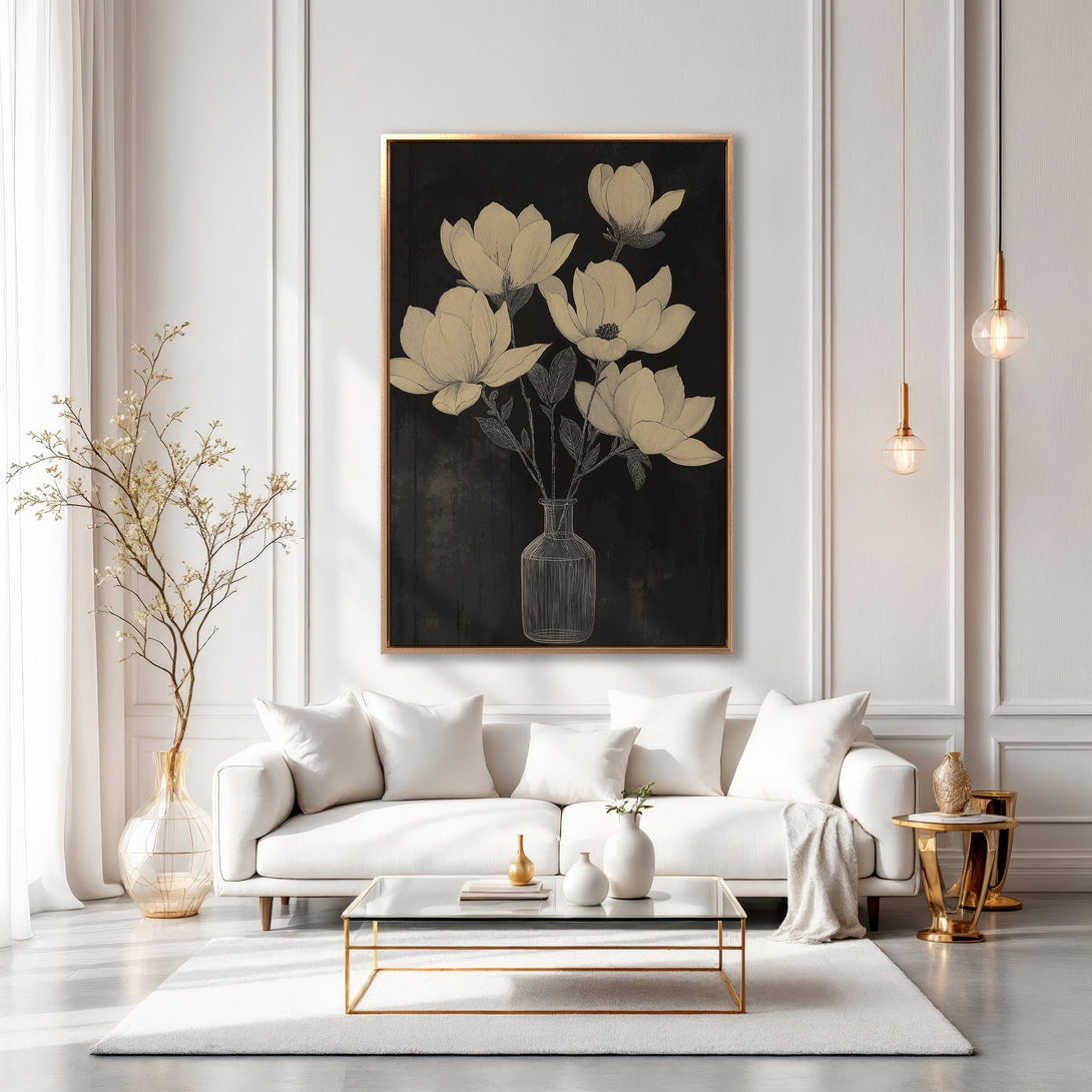 Framed Wall Art: Elegant floral print in neutral tones. Modern living room decor with a black and gold color palette. Enhance your space with stylish art!