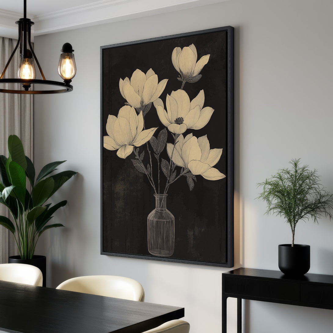 Framed Wall Art: Elegant floral Canvas Print featuring magnolia blossoms in a black and beige color palette, perfect for adding a touch of sophistication to any space.