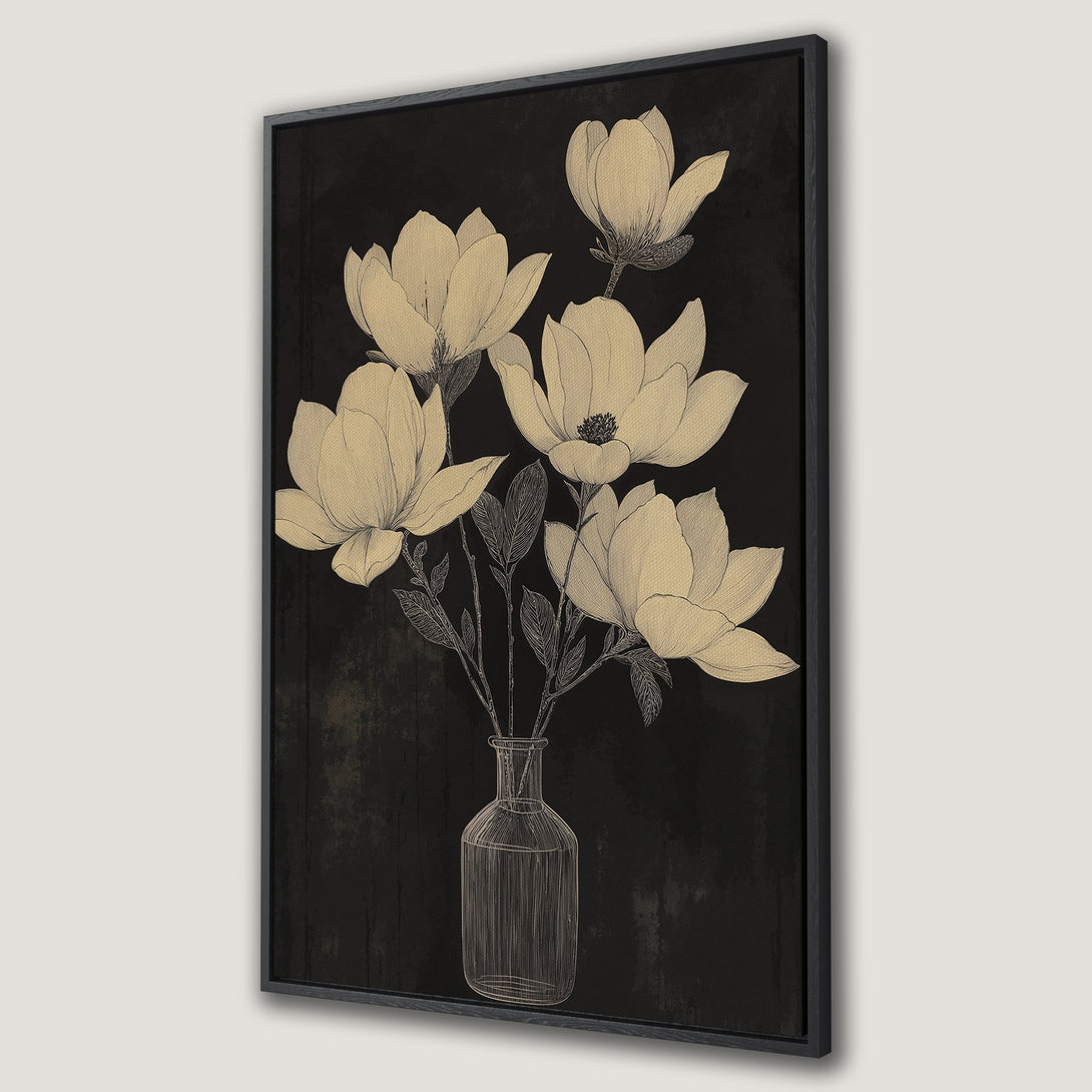 Framed Wall Art featuring a botanical illustration of magnolia flowers in a vase, with a neutral beige and black color palette. Perfect for adding a touch of elegance.