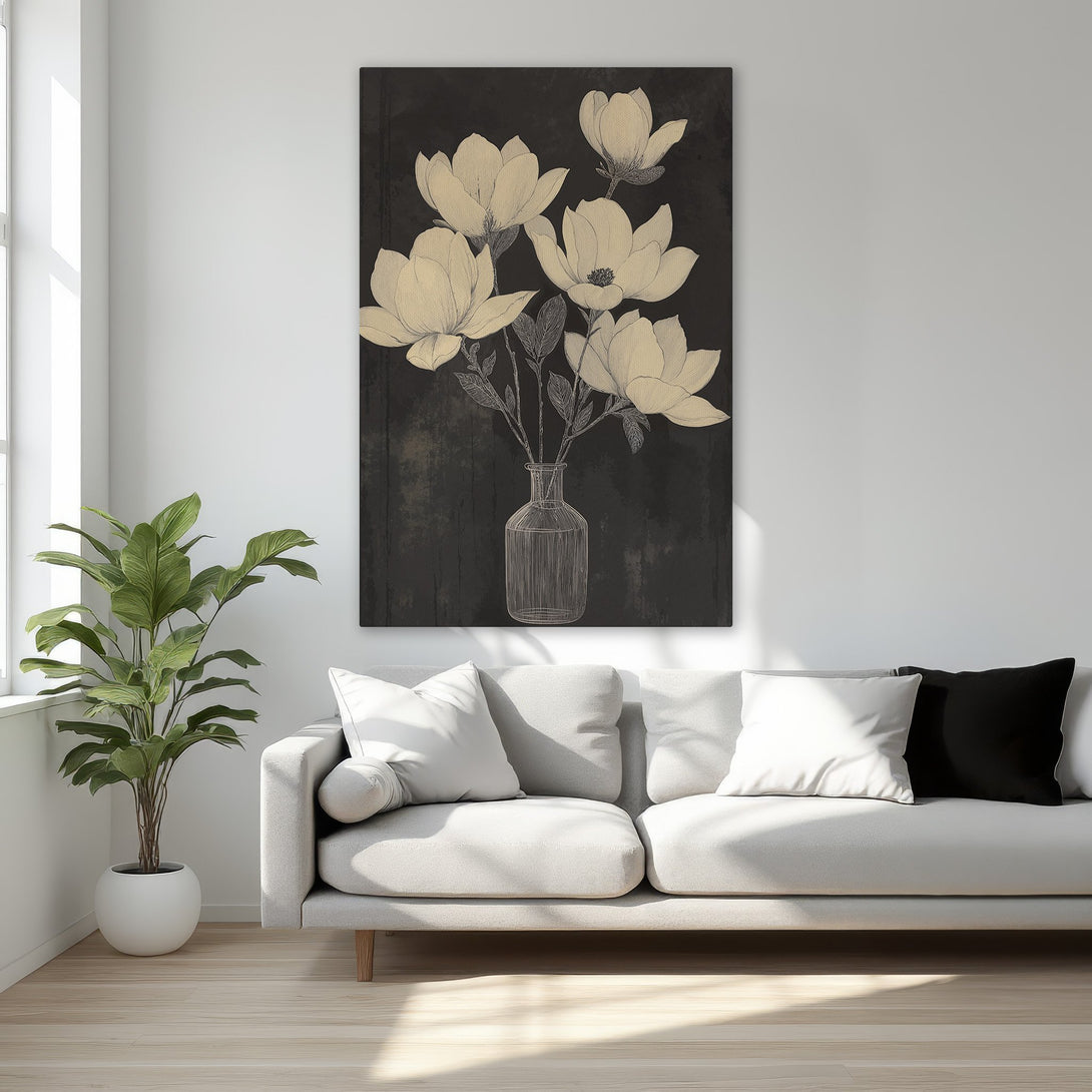 Framed Wall Art featuring elegant floral illustration in black and gold. Perfect for bedroom decor, this canvas print adds a touch of sophistication.