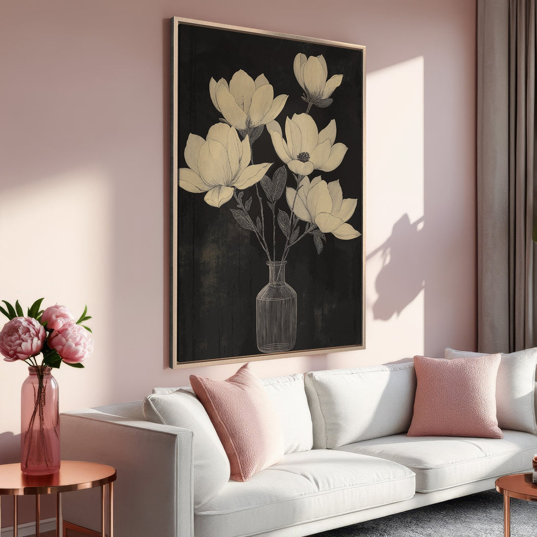 Framed Wall Art: Elegant floral print in neutral tones. Adds a touch of sophistication to any space. Perfect for living rooms and bedrooms.
