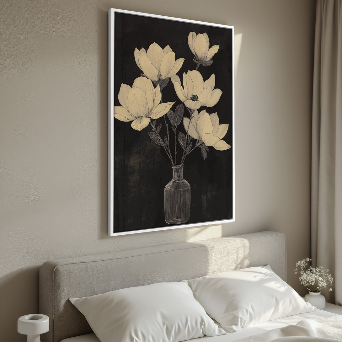 Framed Wall Art featuring elegant magnolia flowers in a vase. Black background, neutral beige and gold color palette. Perfect for bedroom decor.