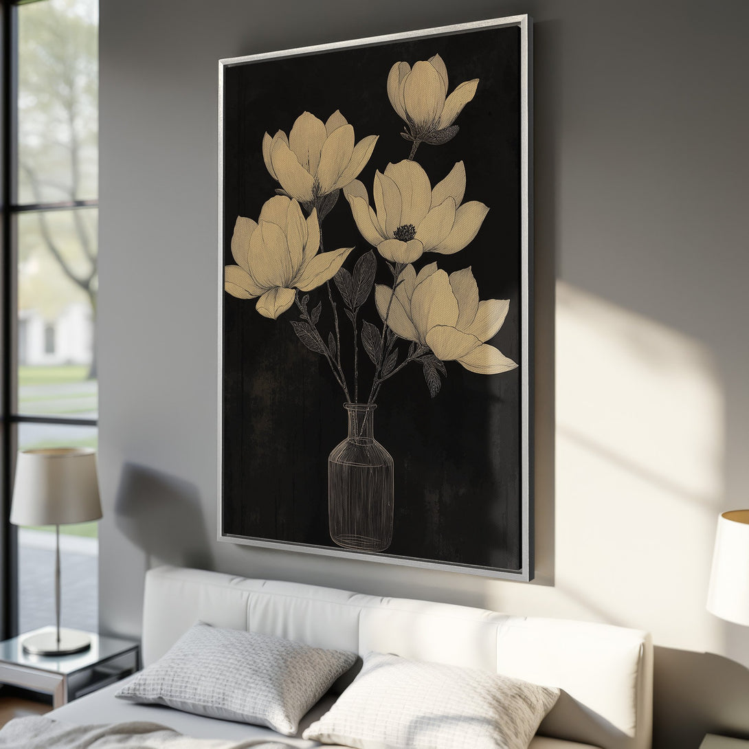 Framed Wall Art: Elegant floral Canvas Print in gold and black, perfect for bedroom decor. Modern botanical art with a sophisticated style.