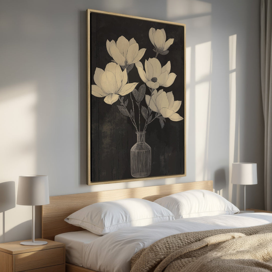 Framed Wall Art featuring elegant magnolia flowers in a black and gold color palette, perfect for bedroom decor. Add a touch of sophistication!