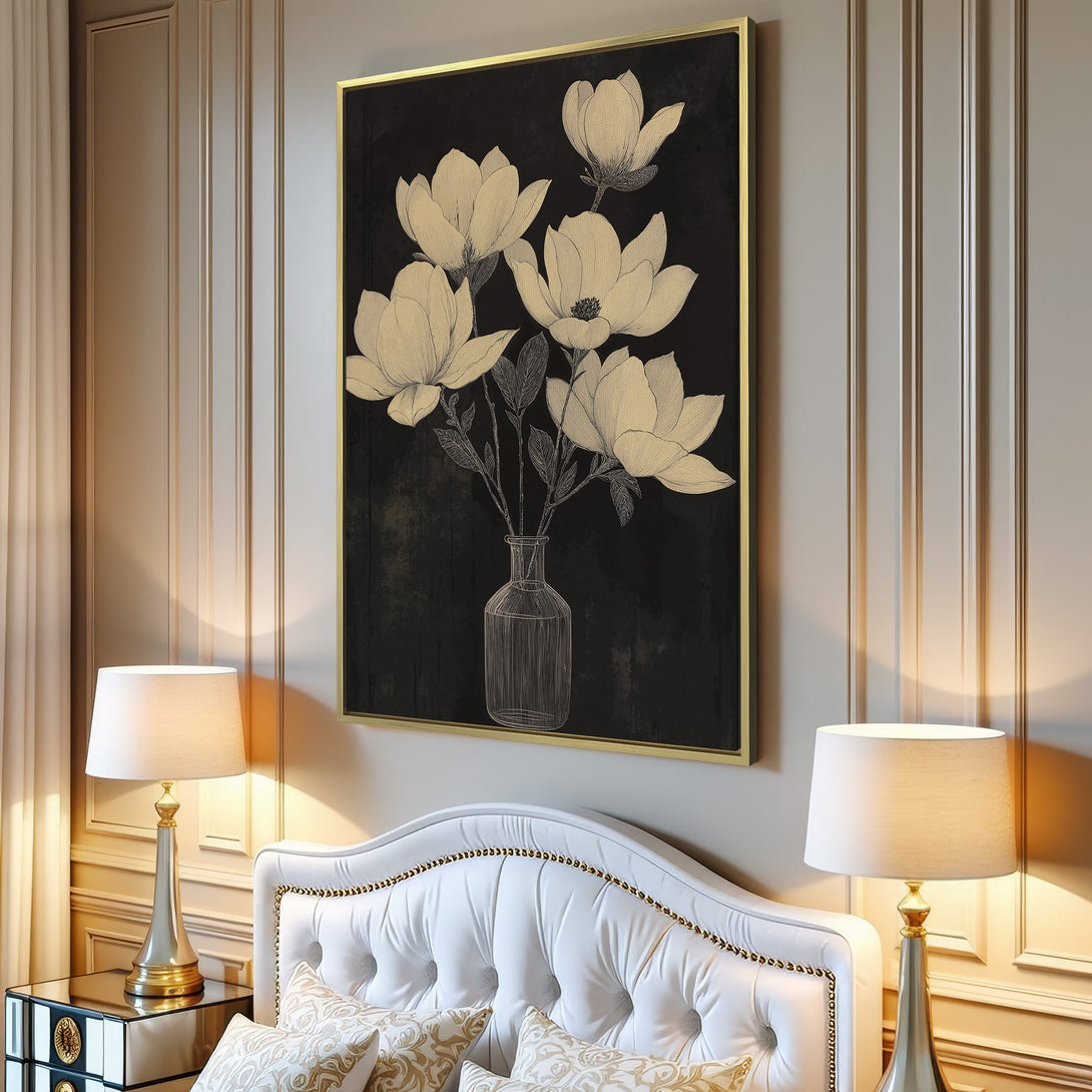 Canvas Print of elegant floral art in neutral tones, perfect for modern home decor. Features a black background with light beige flower illustration.