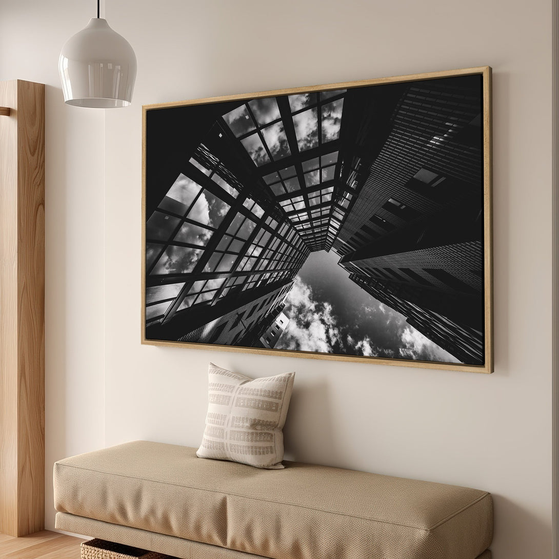 Framed Wall Art: Black and white architectural cityscape Canvas Print. Modern decor with neutral tones. Elevate your space with this stunning piece!