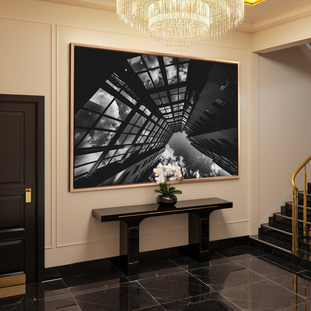 Framed Wall Art: Dramatic black and white cityscape print. Modern art style with a neutral color palette, perfect for any interior design.