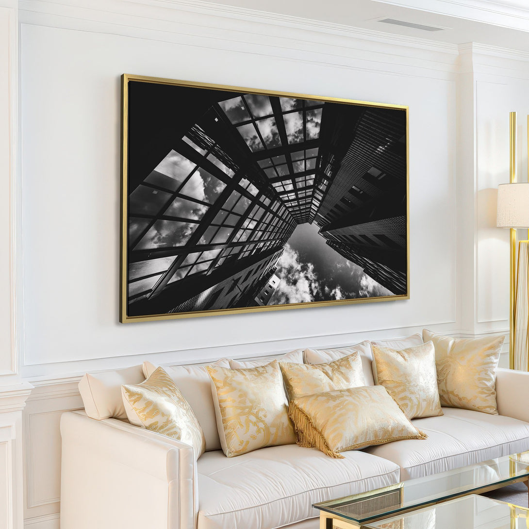 Canvas Print of a dramatic black and white architectural cityscape. Modern wall art for a stylish living room.