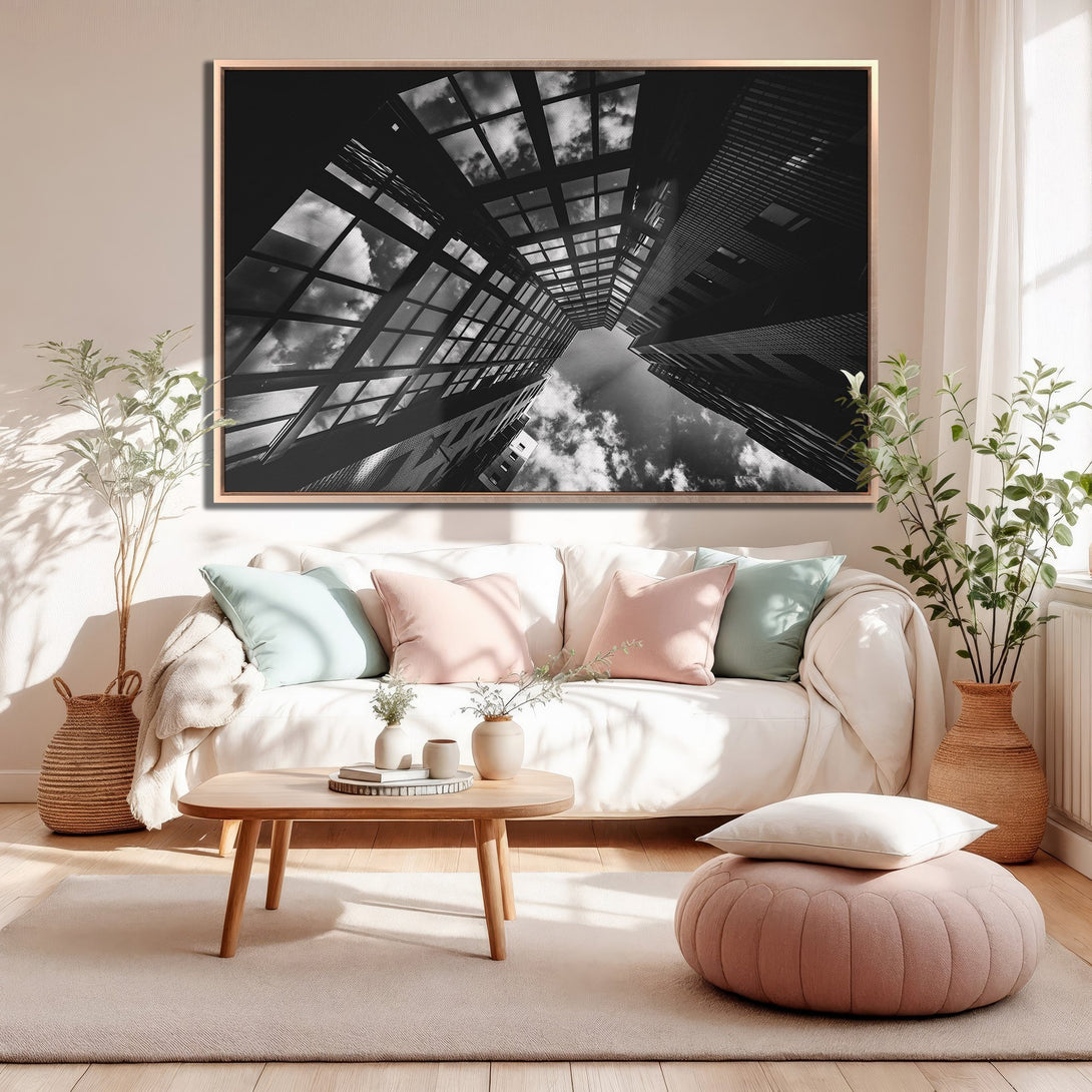 Framed Wall Art: Black and white cityscape Canvas Print, modern architectural photography. Neutral color palette complements any interior decor.