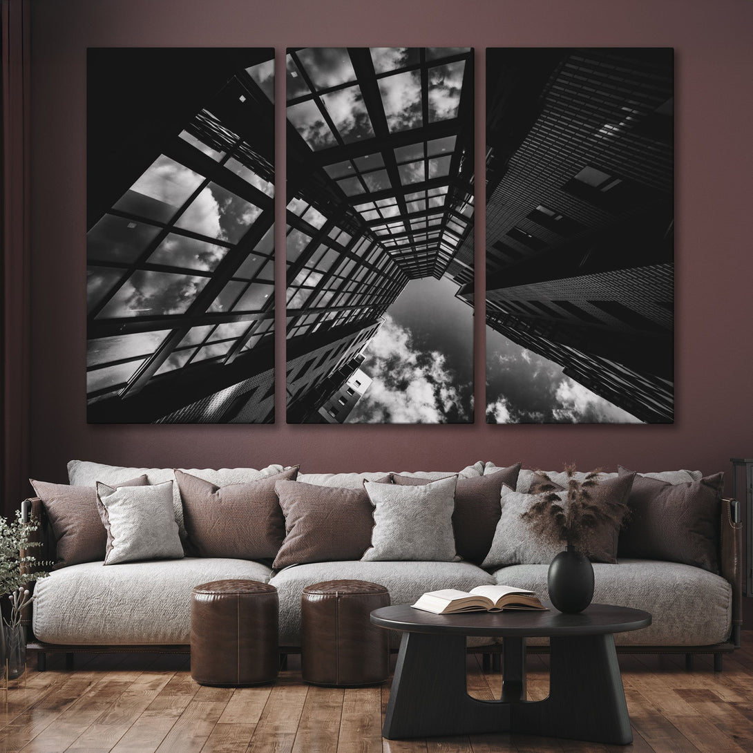 Black and white Canvas Print of modern architecture. Dramatic cityscape art in a monochromatic color palette, perfect for contemporary home decor.