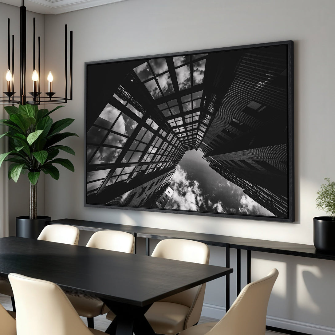 Framed Wall Art: Dramatic black and white cityscape Canvas Print. Modern art for your dining room. Elevate your space with architectural photography.
