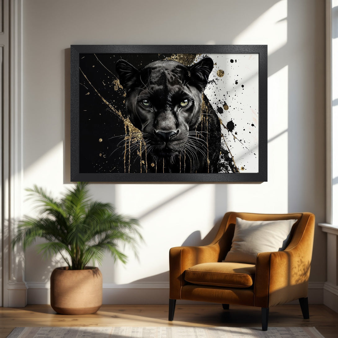 Framed Poster featuring a black panther with gold accents. Modern art style, striking black, white, and gold color palette. Add a touch of elegance!