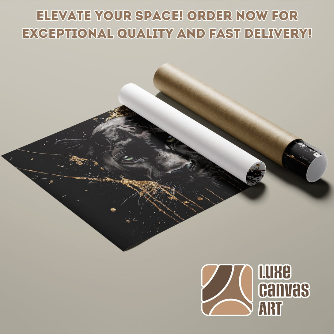 Poster Roll featuring a black panther with gold accents. Modern style, black, gold, and neutral color palette.