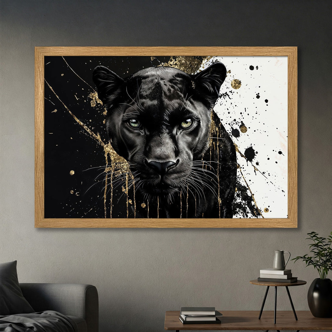 Framed Poster featuring a striking black panther with gold accents against a black & white abstract background. Modern art, bold color palette.