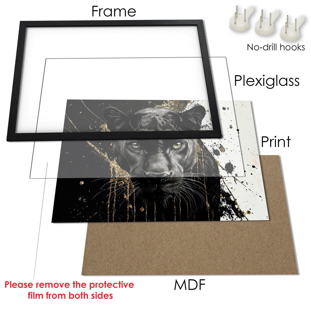 Framed Poster featuring a black panther with gold accents. Modern art style, striking black & gold color palette. Decorate your space!