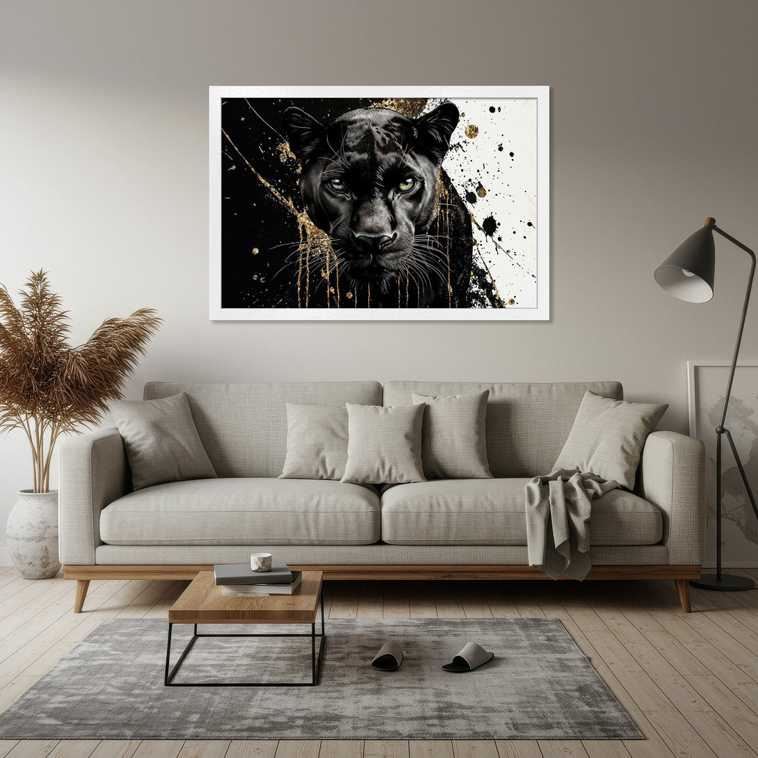 Framed Poster featuring a black panther with gold accents, modern art style, black, white, and gold color palette.