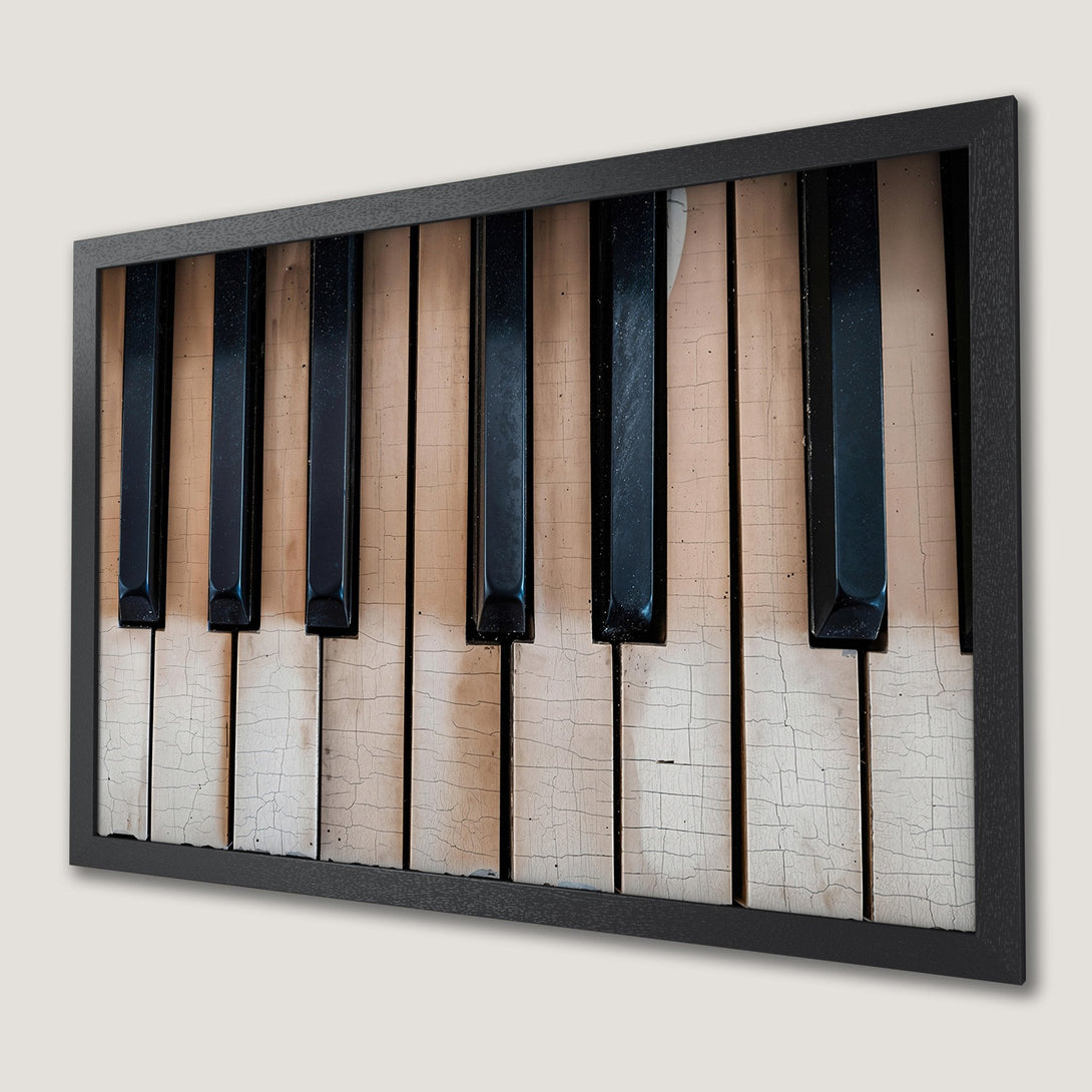 Framed Poster featuring a close-up of piano keys. Vintage style with a neutral, cracked texture and black and white color palette. Perfect for music lovers.