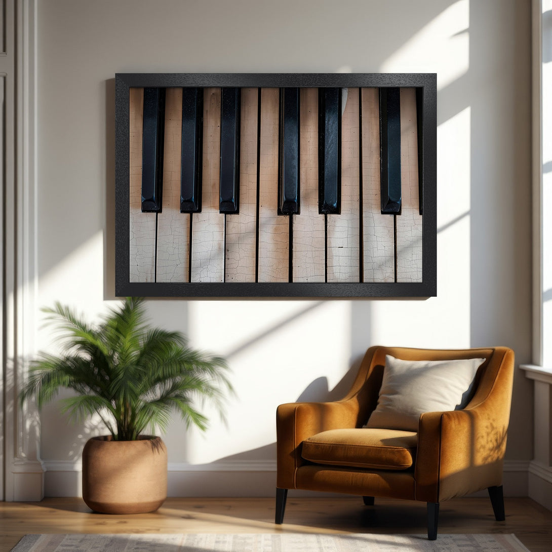 Framed Poster featuring piano keys art, warm tones, and a touch of vintage style. Perfect for music lovers!