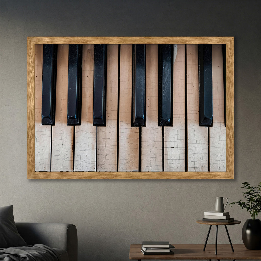 Framed Poster of piano keys with a vintage, distressed style. Neutral color palette with black and white tones. Perfect wall art for music lovers.