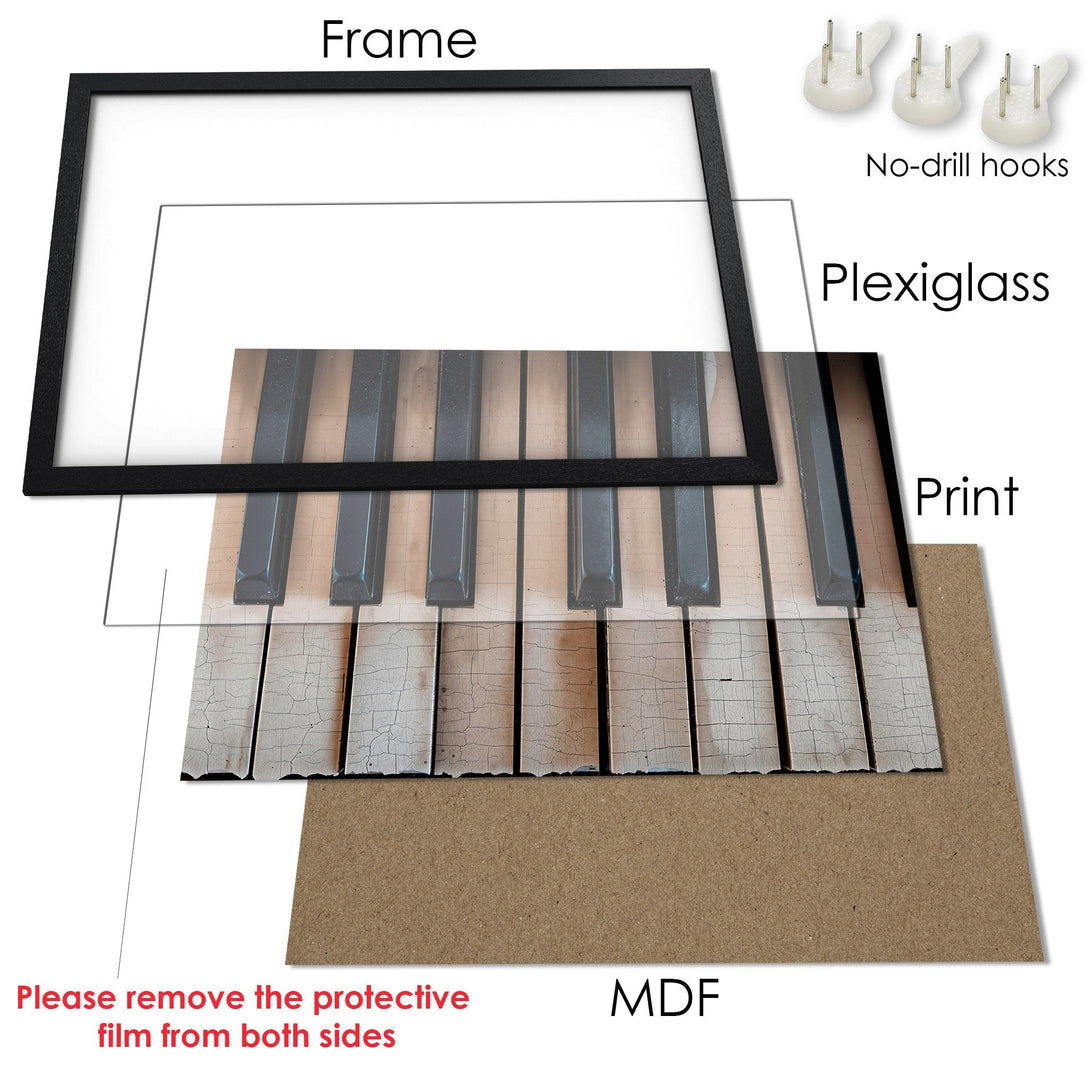 Framed Poster featuring a piano keyboard, vintage style, neutral color palette. Ready to hang!