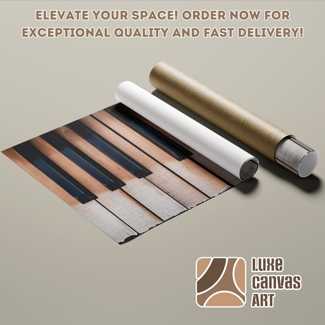 Piano keys Poster Roll, vintage style, warm brown tones. Elevate your space with this art!