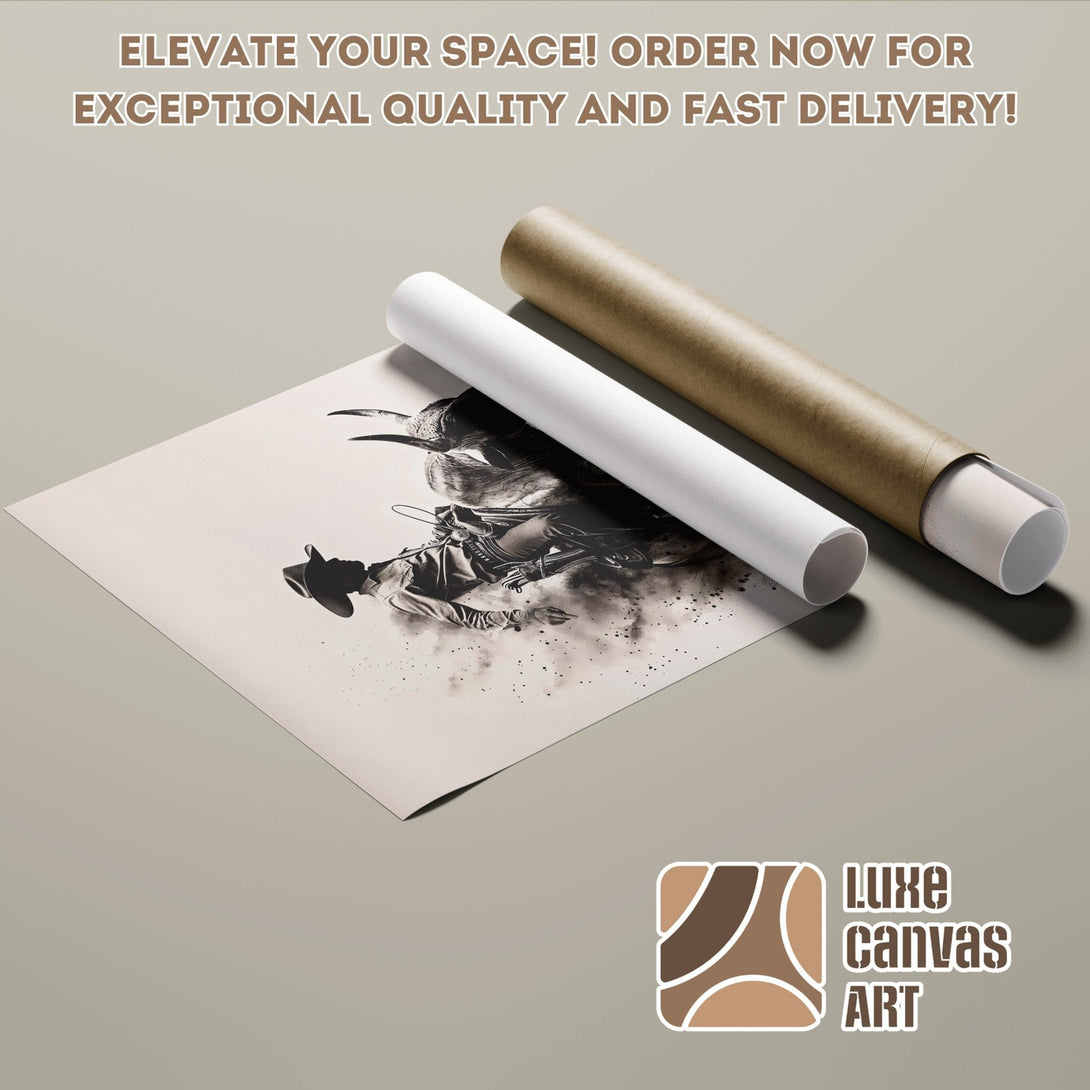 Poster Roll featuring a monochrome cowboy art print. Neutral color palette, perfect for home decor. Order yours today!