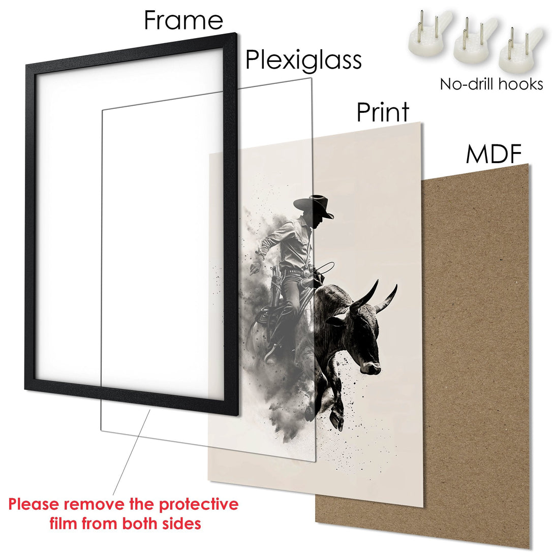 Framed Poster featuring a cowboy riding a bull in a monochrome style. Modern art print with a neutral color palette.