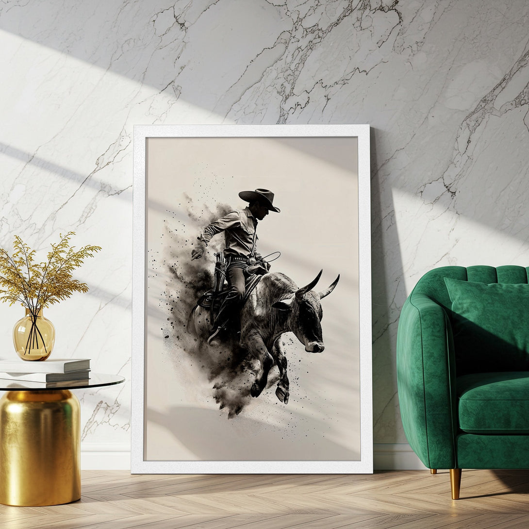 Framed Poster: Cowboy riding bull, monochrome art print. Perfect western decor. Neutral color palette. Add a touch of the wild west to your space!
