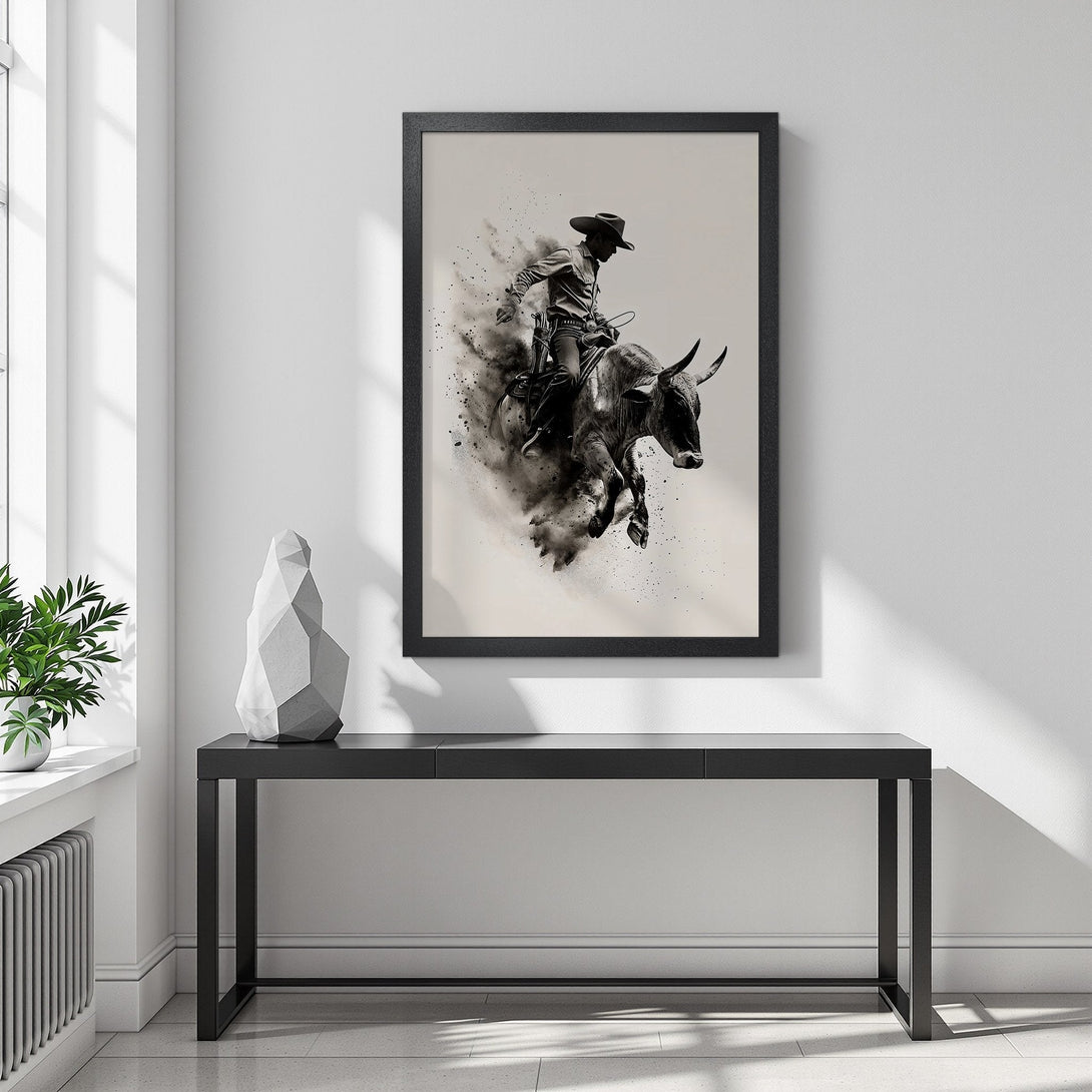 Framed Poster of a cowboy riding a bull. Artistic black & white style. Perfect wall art for a modern home.