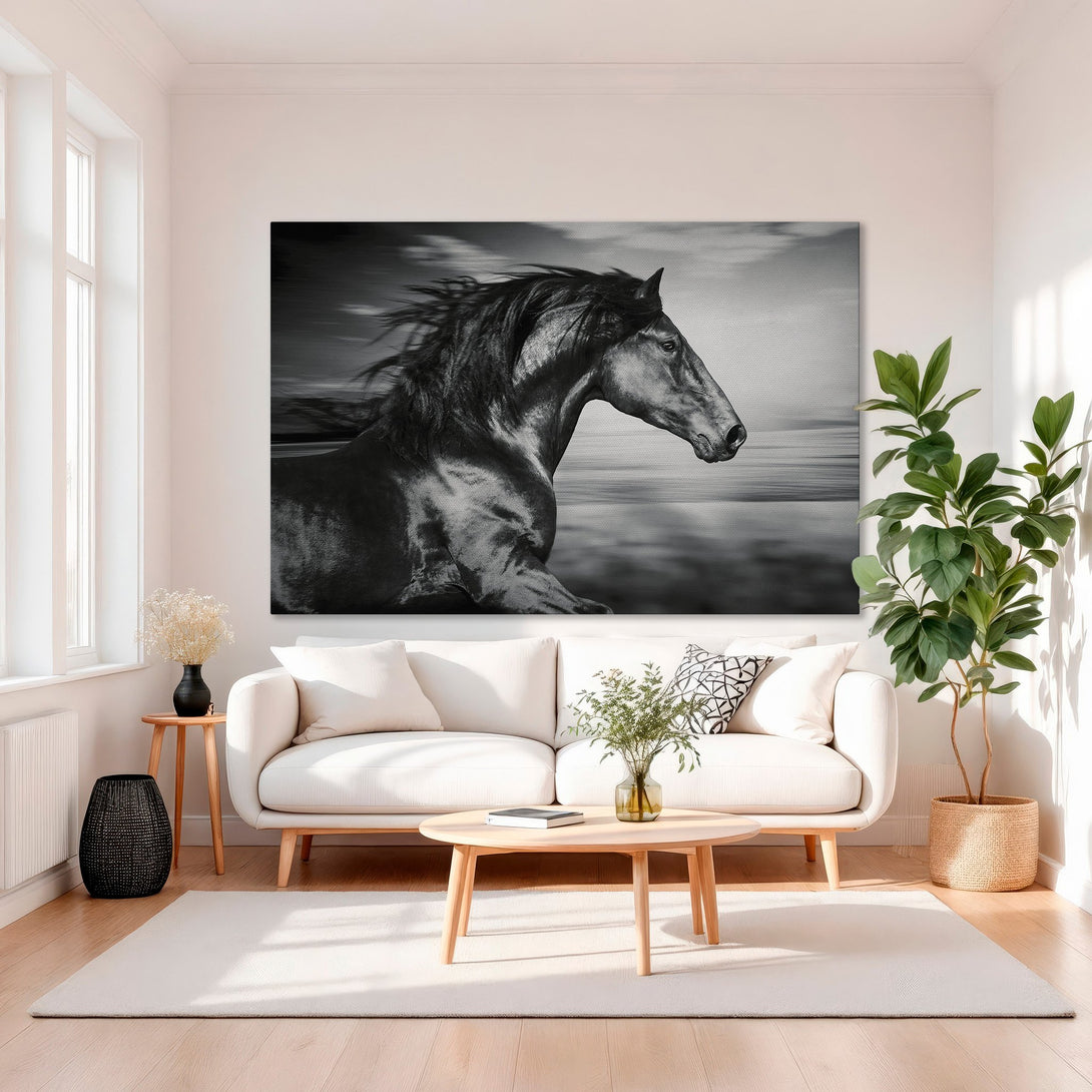 Framed Wall Art: Black and white horse print in a luxurious living room. Modern art with a gold frame. Adds elegance to any space.