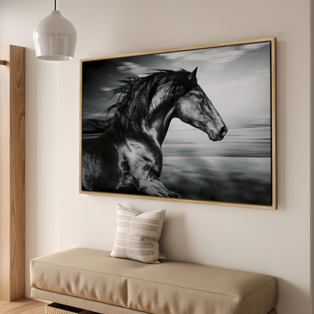 Framed Wall Art: Stunning black and white canvas print of a running horse. Modern, elegant decor for your home. Shop now!