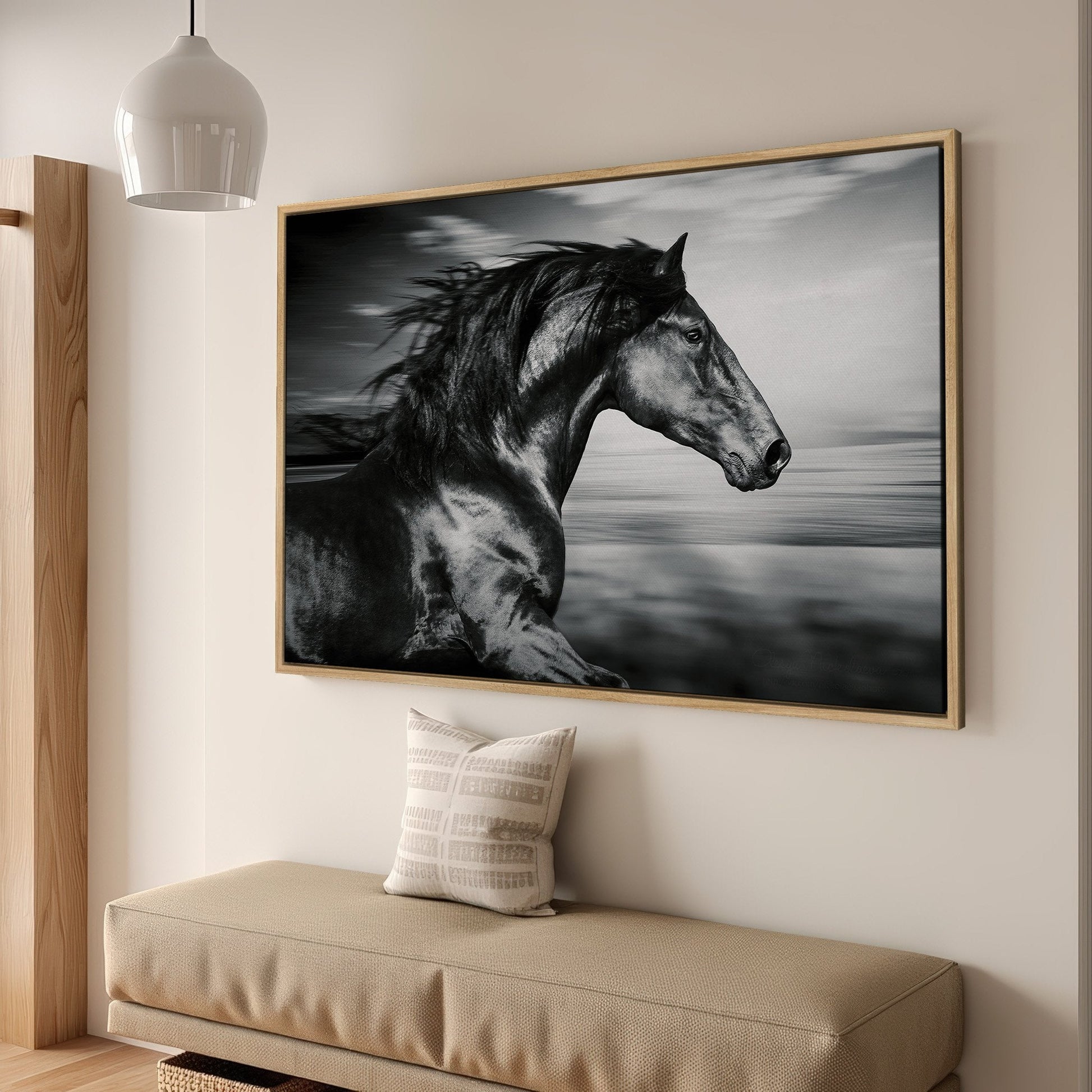 Black and White Running Horse Canvas Print Wall Art
