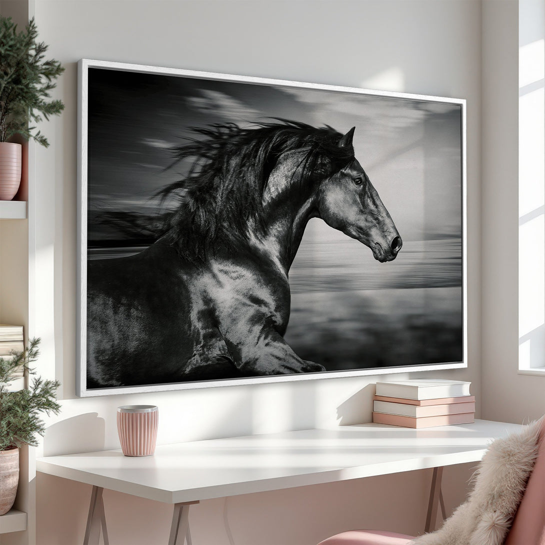Framed Wall Art: Stunning black and white Canvas Print of a running horse. Modern art piece for your home decor. Shop now!