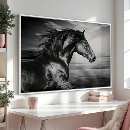 Black and White Running Horse Canvas Print Wall Art