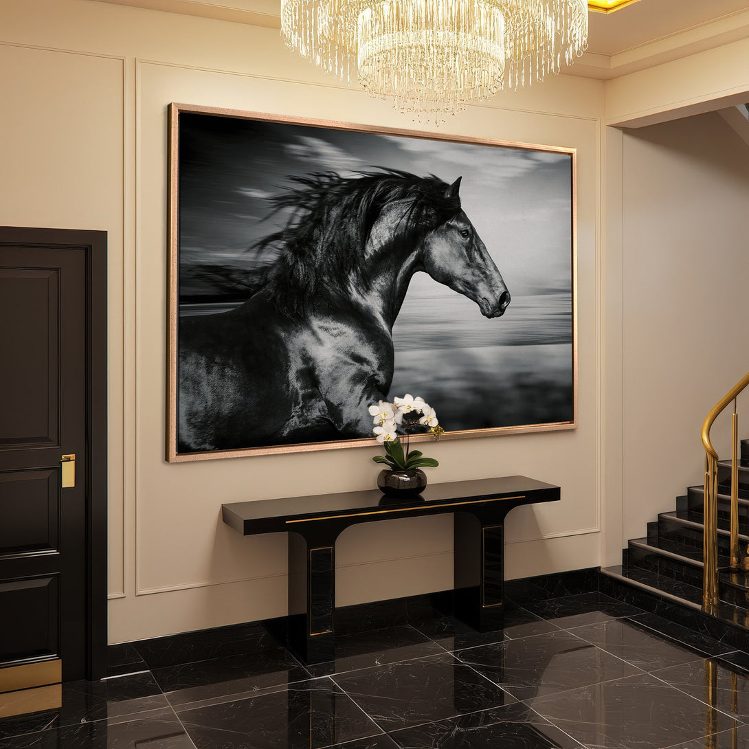 Framed Wall Art: Stunning black and white canvas print of a running horse. Elegant, monochromatic art for your home.